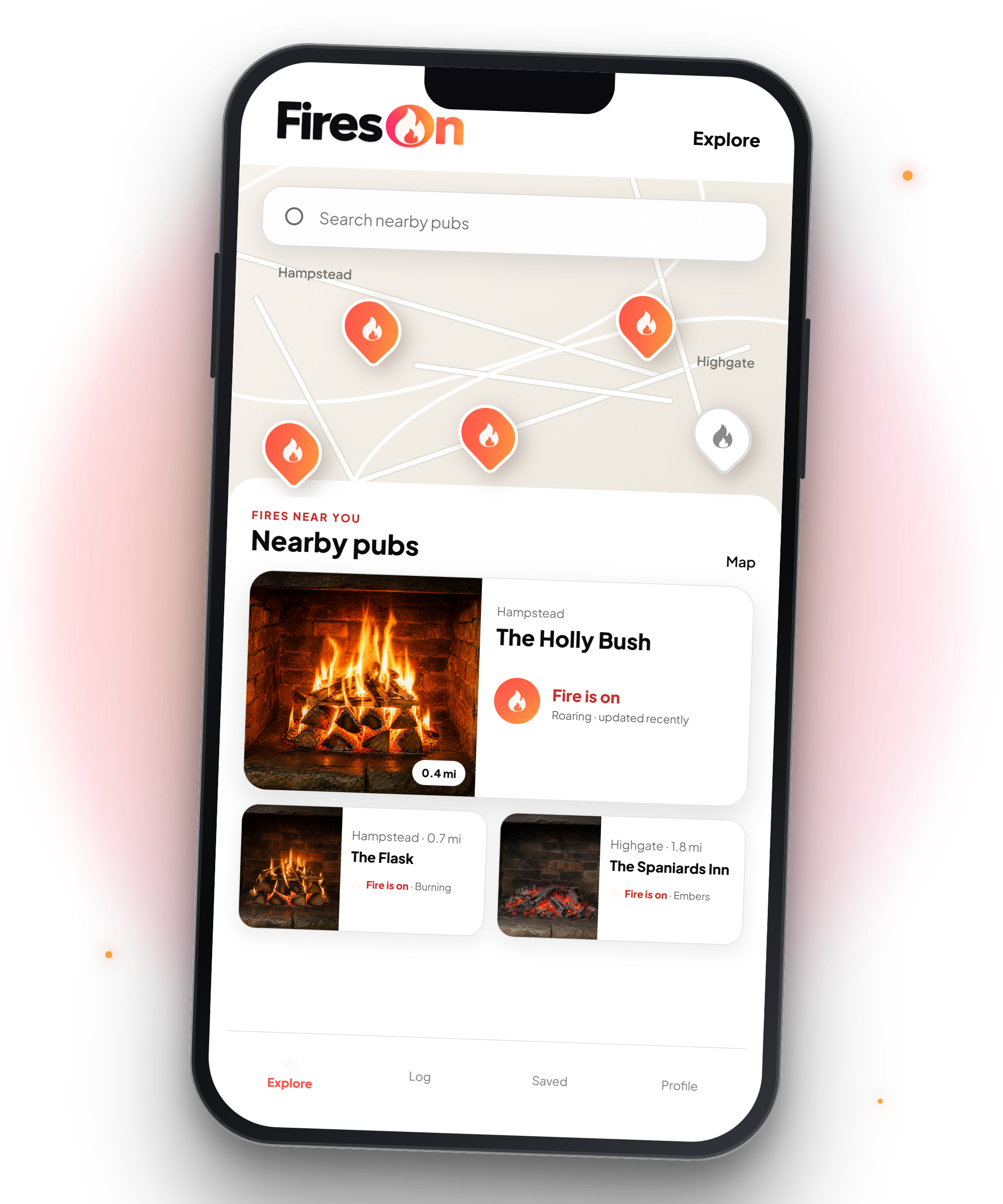 FiresOn app preview showing nearby pubs and their fire status
