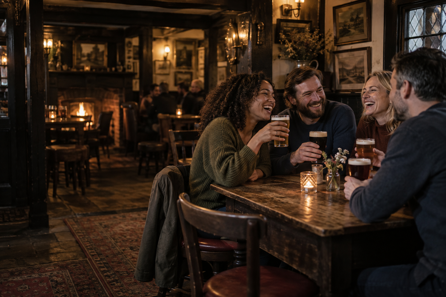 Friends sharing a laugh and a pint in a warm, welcoming British pub
